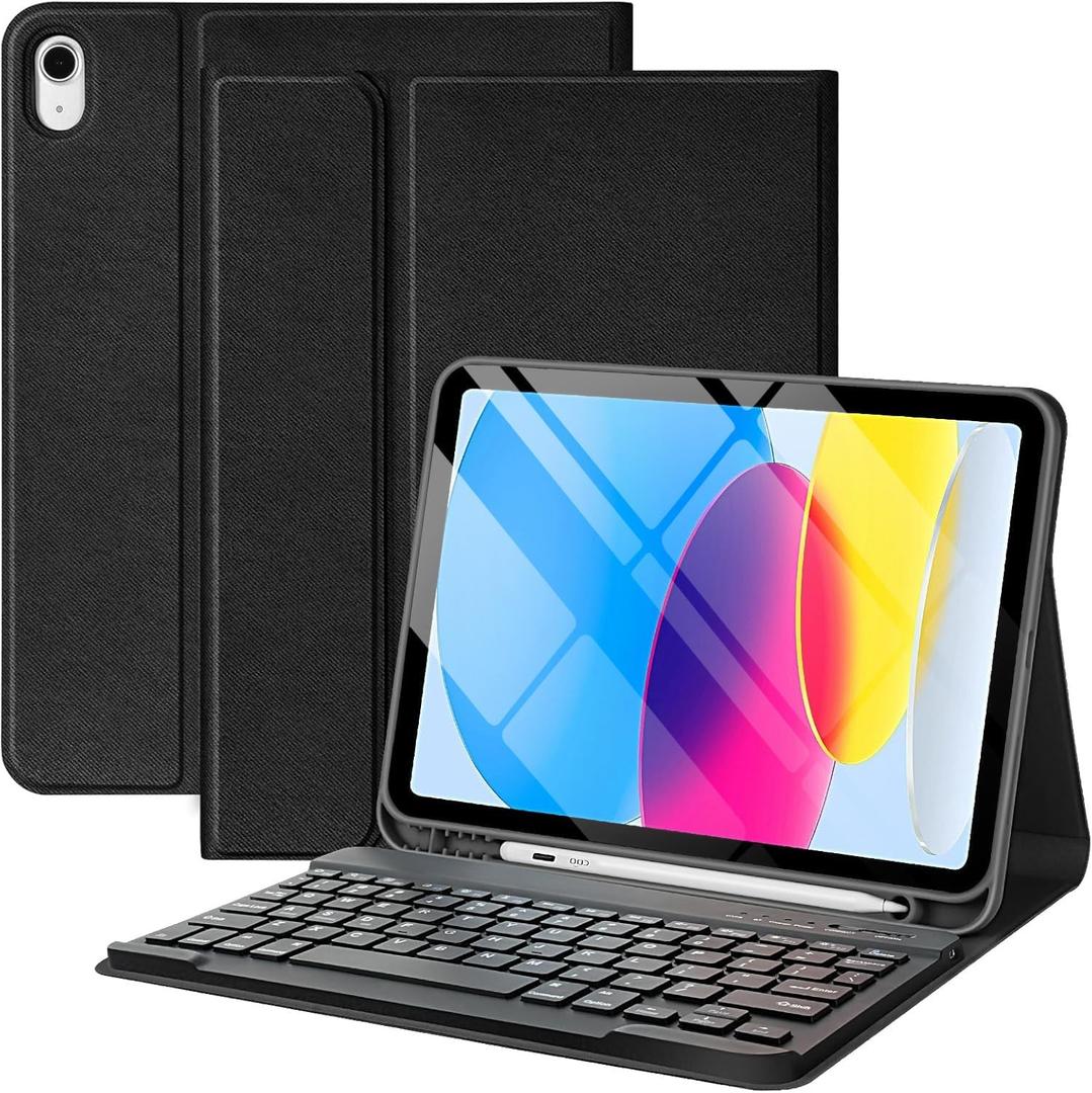 iPad A16 11th 10th Generation Case with Keyboard, Detachable Wireless Bluetooth Keyboard Case with Pencil Holder for iPad 11 inch 2025 10th Gen 10.9 Inch 2022 - Black