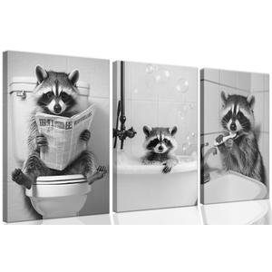 Funny Raccoon Bathroom Wall Art Prints,Framed Cute Raccoon Canvas PrintsKid's Room Wall ArtCute Raccoon Print Pet Shop Wall Art, Modern Canvas with Framed Canvas PrintFramed 16 X 24inches X 3piece