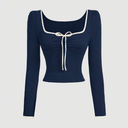 SHEIN MOD Tomato Girl Fall Bow Puff Sleeve Women's Fitted Long-Sleeve T-Shirt with Contrast Trim, Dark Blue Top 16Y