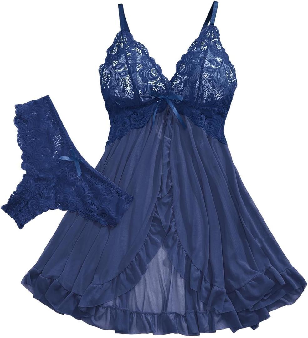 Sexy Open Front Ruffle Sheer Mesh Lace Wireless Babydoll Lingerie Dress with Thong 2 Piece (Medium, Navy Blue)