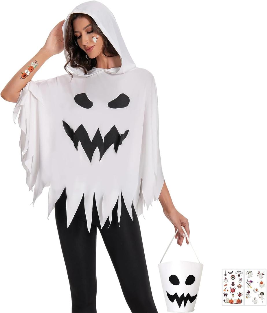 4PCS Halloween Costumes for Women Adult Spooky Ghost Face Poncho with Candy Bag Temporary Ghost Sticker for Halloween Cosplay Costume Outfit