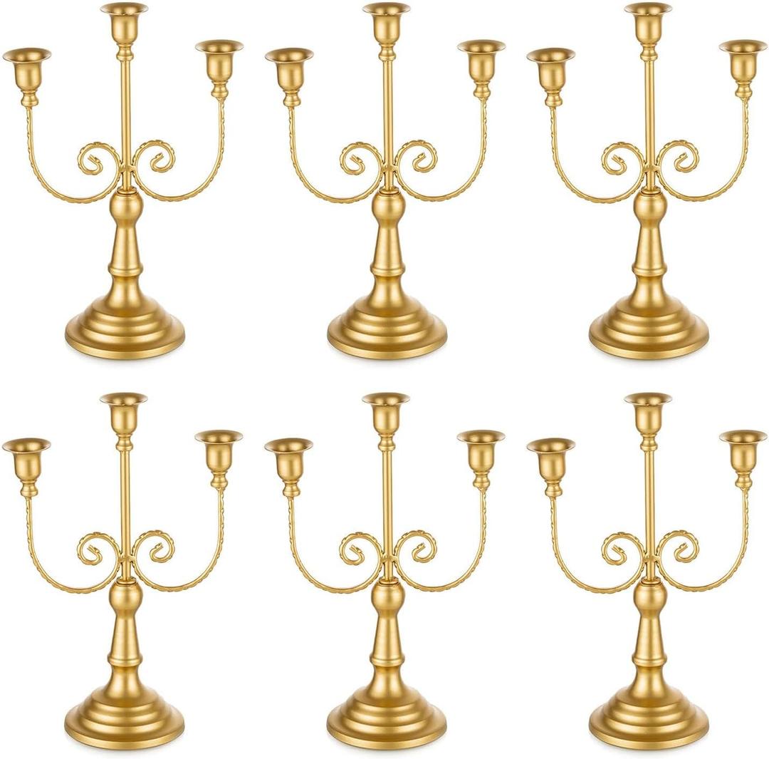 Romadedi Gold 3 Arm 11.8" Candelabra Candle Holders, Set of 6