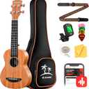 Donner Soprano Ukulele Mahogany 21 inch Ukelele Beginner Kit Online Lesson Gig Bag Strap Nylon String Tuner Picks Cloth DUS-1 Ukalalee Set Christmas Gift
