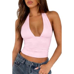 TiulZial Sexy Halter Tops for Women - Going Out Deep V Tank Top Backless Cute Summer Trendy Crop (Pink, S)