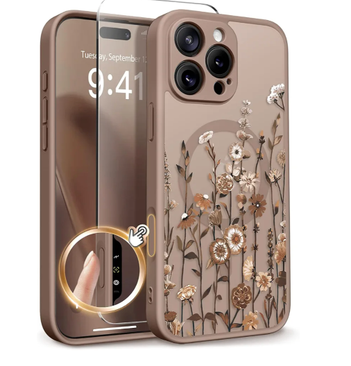 GVIEWIN for iPhone 16 Pro Case Compatible with MagSafe, [Military Grade Protection] [Screen Protector] Full Camera Protection Floral Translucent Women Magnetic Phone Case, Floratopia/Brown