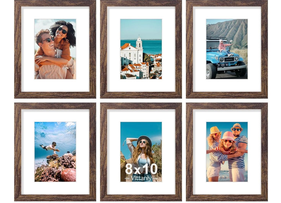 Vittanly 8x10 Picture Frames Set of 6, Shatter Resistant Plexiglass, Display 5x7 Pictures with Mat or 8x10 without Mat, Photo Frames for Wall or Tabletop, Engineered Wood, Brown