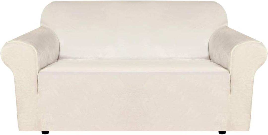 H.VERSAILTEX Stretch Velvet Loveseat Covers for 2 Cushion Couch Covers for Living Room Sofa Covers Slipcovers with Non Slip Straps Bottom, Ultra Thick Comfy Velour (Width 58"-72", Ivory)