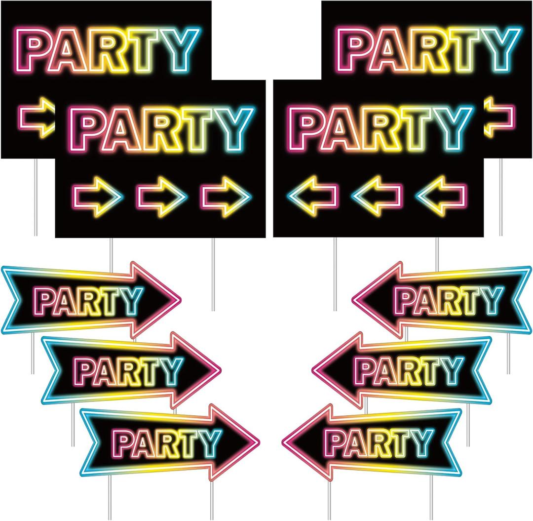10Pcs Party Signs with Stakes Party This Way Signs for Outside Birthday Party Direction Sign This Way Arrow Neon Outdoor Decor for Wedding Birthday Outside Double Sided Lawn
