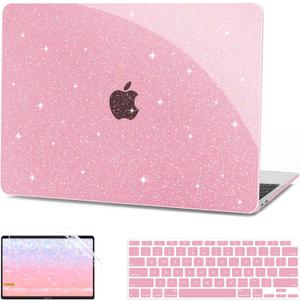 G JGOO Compatible with MacBook Air 13 Inch Case 2022 2021 2020 2019 2018 Release M1 A2337 A2179 A1932 Touch ID, Glitter Plastic Hard Shell Case + 2 Keyboard Covers + Screen Protector, Sparkly Pink