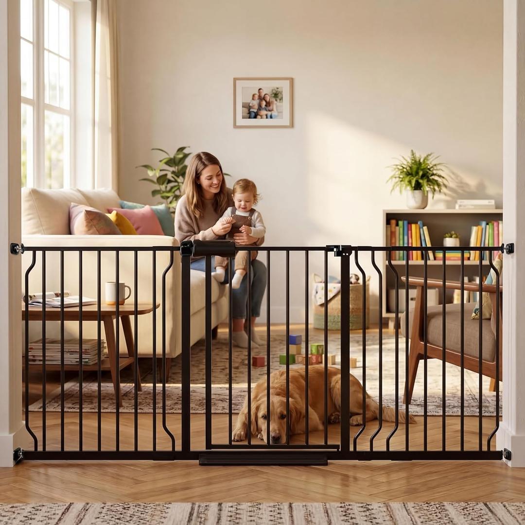 TSAYAWA 62.2"-71.65" Extra Wide Auto Closing Baby Safety Gate for Stairs & Doorways, Pressure Mounted No Drill Pet Gate with Walk-Through Door - Heavy Duty Childproof Gate for Toddlers, Kids, Dogs (Black)