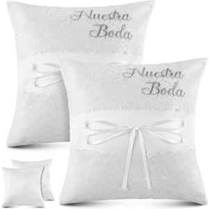 Mixweer 2pcs Wedding Embroidered Kneeling Pillows Nuestra Boda 18 x 18 Inch Embroidered Prayer Pillow Satin and Lace Kneeling White/Silver, Cojines para Boda, Decoracion(18",with 2 Pillows)