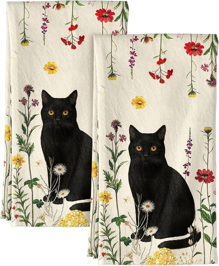 Flour Sack Kitchen Towels Set of 2-18x26 Cotton Dish Towels with Hanging Loop Reusable Tea Towel for Cleaning Spring Absorbent Dishcloths Cute Home Decor Housewarming, Retro Cats Floral