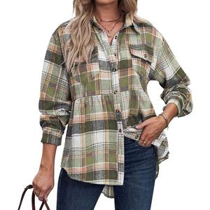Women's Lapel Pocket Plaid Shirt Casual Plaid Soft Button Down Tops Shirts Fall Trendy Loose Boyfriend Blouses, Size M