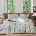 MooMee Striped Duvet Cover Set 100% Washed Cotton Linen Like Textured Breathable Durable Soft Comfy (Heathered Green Pinstripes, King 104"x90")