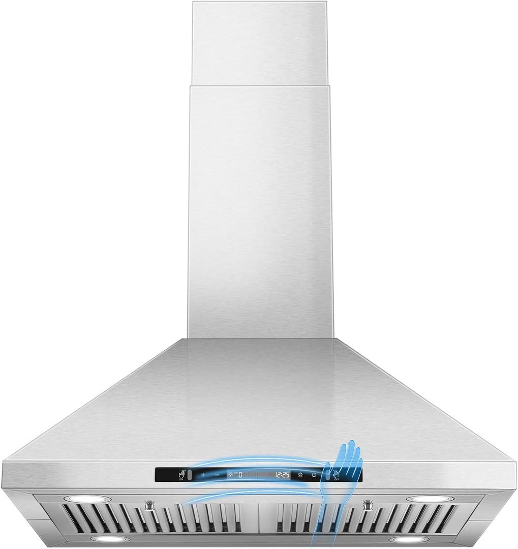 30" Island Range Hood 700 CFM Ceiling Mount Kitchen Vent Hood with Gesture/Touch Control, 3-Speed Fan & 4 LED Lights, Convertible Ductless/Duct, Stainless Steel Baffle Filters,Time Setting