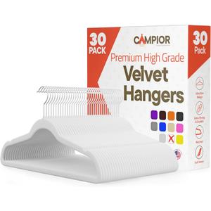 White Velvet Hangers 30 Pack  360 Swivel Hook, Non-Slip and Space Saving Hangers, Heavy-Duty 11 lbs Weight Capacity - Smooth Velvet Finish for Crease-Free Clothes and Effortless Closet Organization