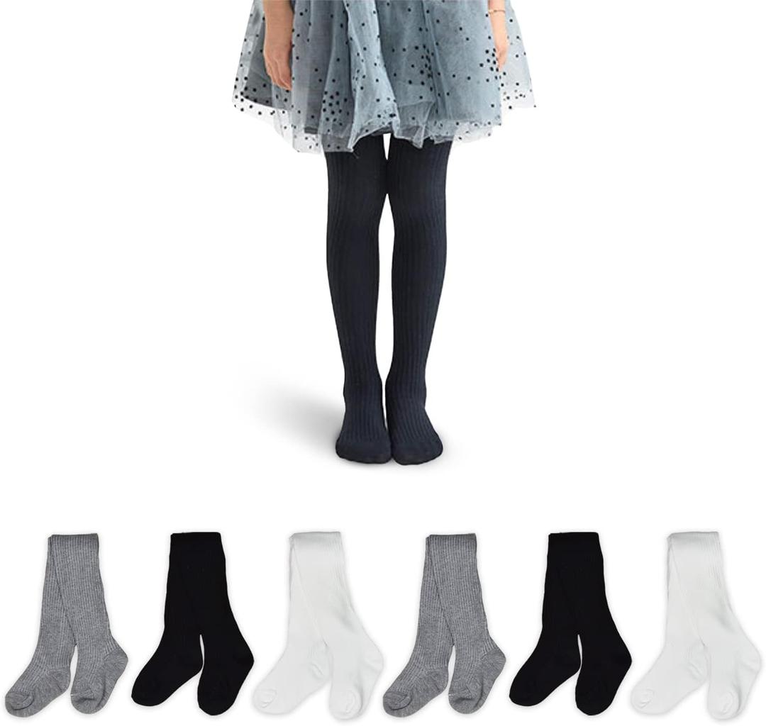 Pack pof 6 Girls' Tights Cable Knit pantyhose Soft Cotton Stocking Stylish Leggings for Girls Aged 5-10, Black/Grey/White