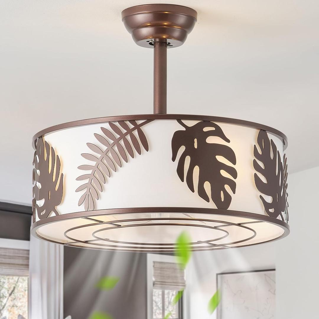 20" Farmhouse Rustic Caged Ceiling Fan with Light, Brown Fandelier Ceiling Fan with Light, Brown Bladeless Caged Fandelier for Bedroom, Nursery, Living Room