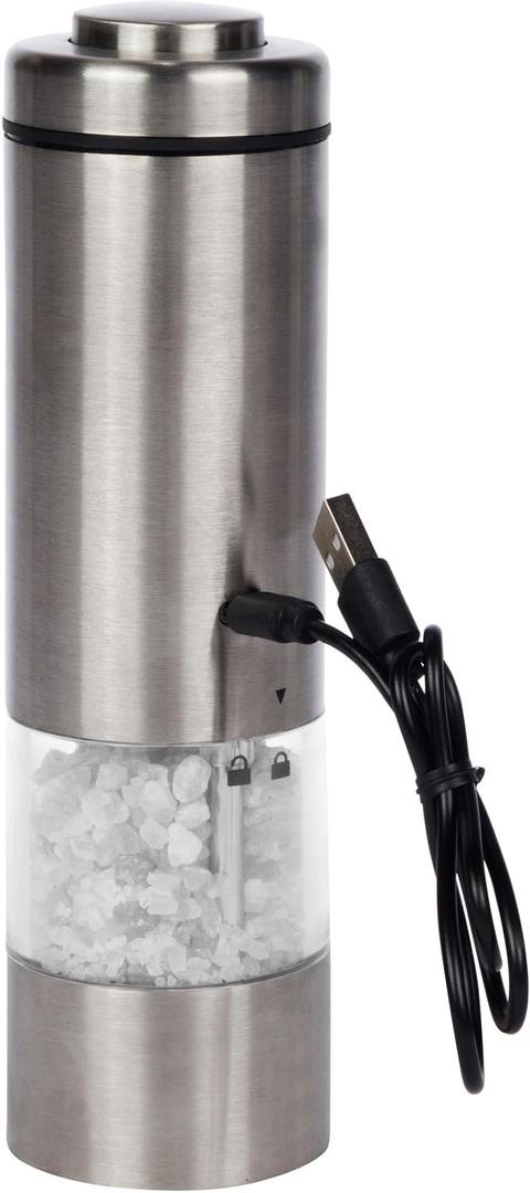 Electric Salt and Pepper Grinder (SINGLE) - Rechargeable USB-C - Stainless Steel Salt, Pepper or Spice Mill with LED Light - One Handed Operation - Adjustable Ceramic Grinders