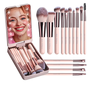 BS-MALL Makeup Brushes Foundation Powder Concealers Eye Shadows Makeup Set with LED light Mirror 14 Pcs Mini Makeup Brushes (APINK)
