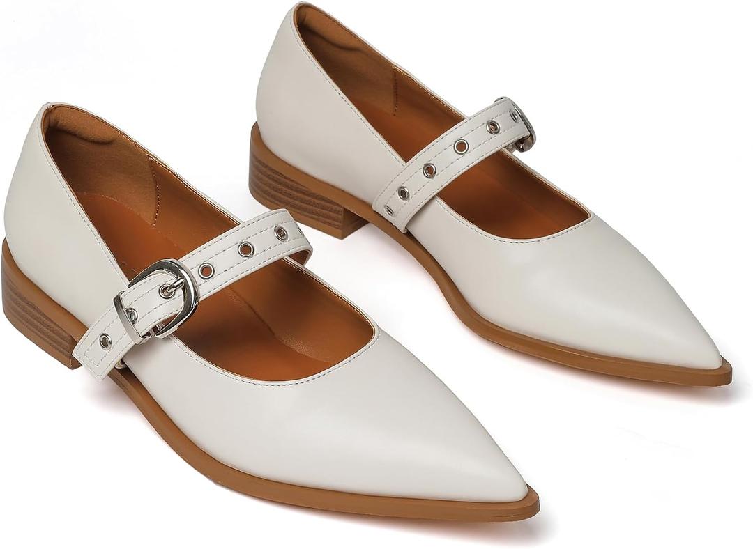Mary Jane Shoes Women Chunky Low Heels Buckle Strap Pumps Womens Closed Pointed Toe Ballet Flats Causal Daily Dress Shoes
