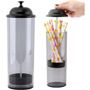 Straw Holder, Straw Dispenser with Lid for Standard Size Drinking Straws, Plastic Straws Storage Organizer for Counter Cabinet, Holds Straws up to 8.5 Inches (Color: Black + Grey)