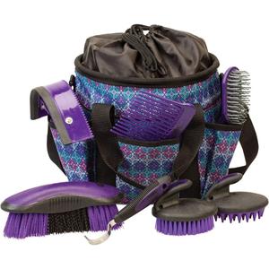Weaver Equine Horse Grooming Kit, 7-Piece Horse Brush Set with Organizer Tote Bag, Hoof Pick, Comb, Sweat Scraper, Equine Tools for Daily Grooming, Purple Geo