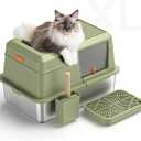 Stainless Steel Cat Litter Box with Scoop, Metal Litter Box High Sided, Cat Litter Box Enclosure, XL Extra Large High-Sided Litter Boxs (Anti-Urine Leakage, Include Scoop) (Green)