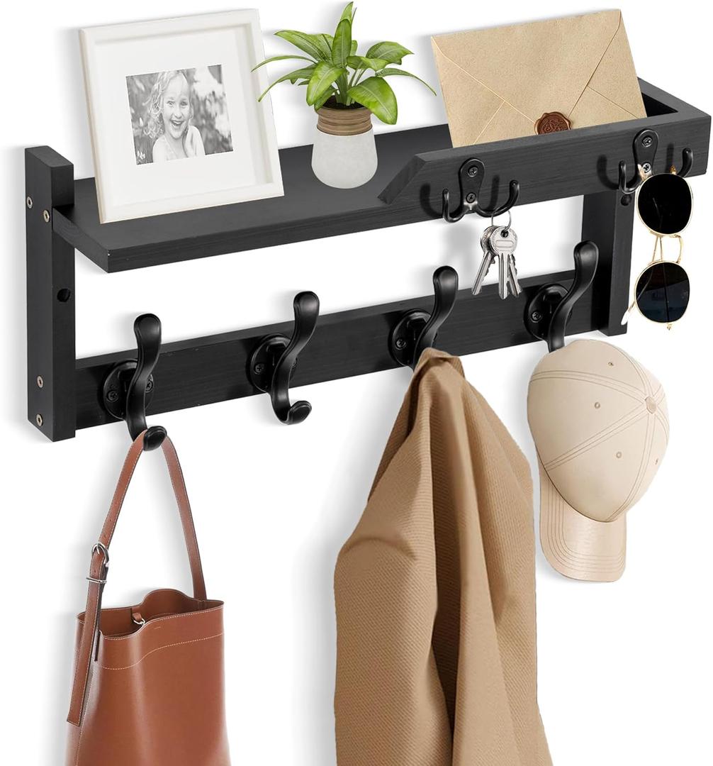 Coat Rack Wall Mount with Shelf, Coat Hanger Wall Mount with Key Hooks and Mail Holder, Wood Entryway Floating Shelf with Hooks and Storage, Hat Rack for Wall Key Holder Mail Organizer (16.6 Inch Long, Black)
