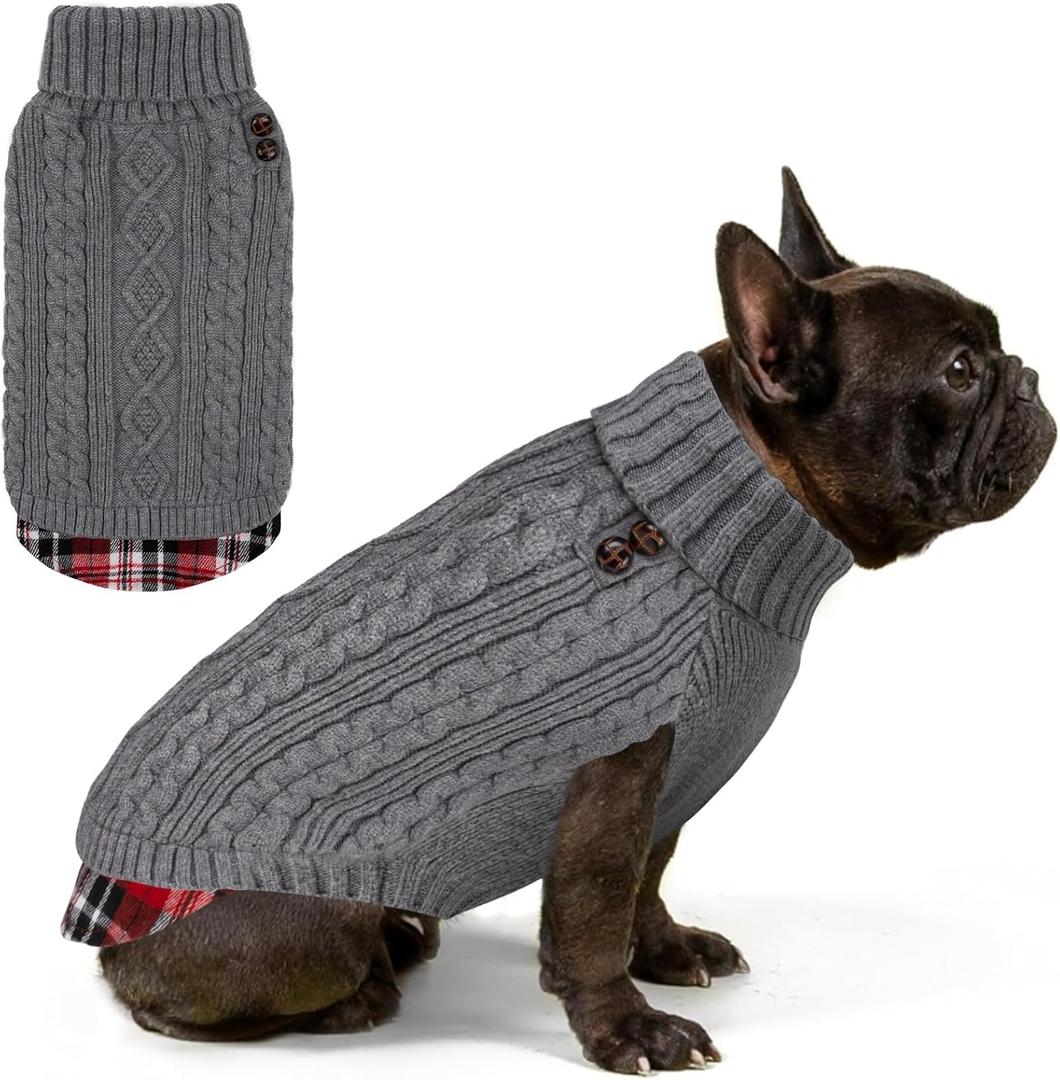 KYEESE Dog Sweater Soft Pullover Dog Sweaters for Medium Dogs Boy Warm Turtleneck Medium Dogs Sweater Stretchy Knitwear Cat Clothes with Gingham Patchwork Thick Pet Coat for Fall Winter Cold Weather (X-Large19-27lbs, 1# Grey)