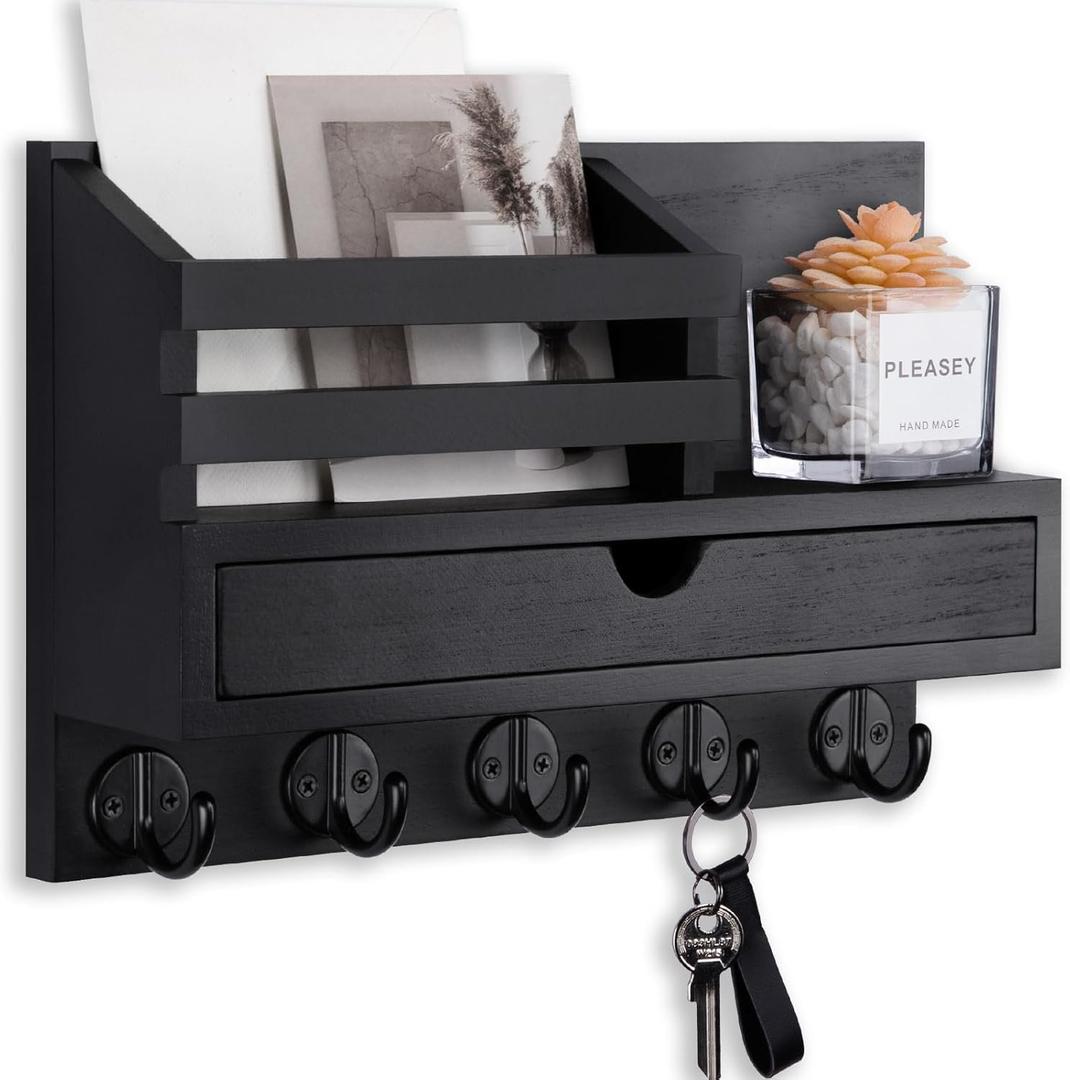 Lucundm Key Holder Wall Mount, Mail Holder with Storage Drawer and 5 Key Hooks for Coat, Dog Leash, Home Decor Rack, House Accessories, Entry Way Organizer (Standard - 11.8 Inch, Black)