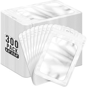 ANZNKU 300 Pcs Resealable Mylar Bags, 6.3x9.4 Inch Resealable Bags for Small Business, Smell Proof Hangover Kit Bag, Foil Zipper Pouches with Clear Window for Food Storage Party favor(White)