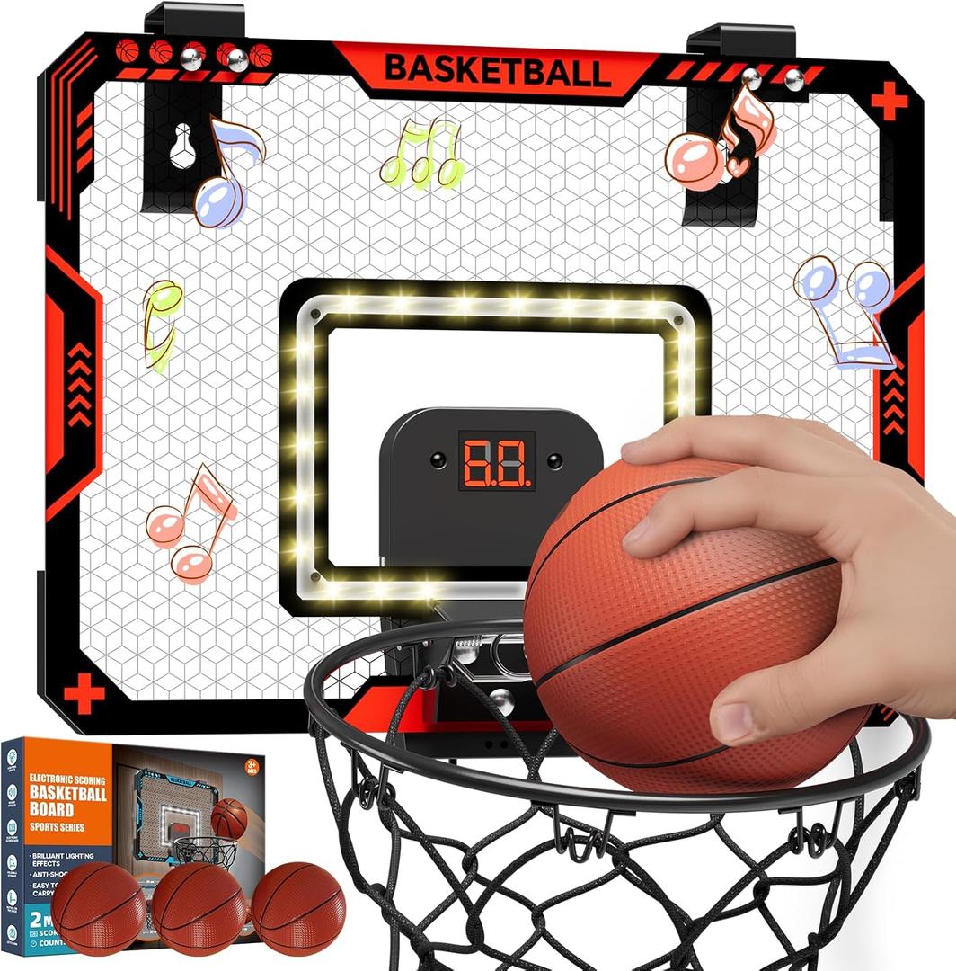 BATURU Over The Door Basketball Hoop for Kids  Indoor Basketball Toy with LED Scoreboard, Lights & Sound, Easy to Hang  Fun Gifts for Boys Ages 610 (Red)