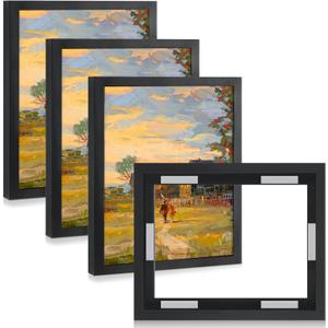 Qunclay 4 Pcs 11x14 Inch Canvas Floating Frame Black Floater Frames for Canvas Painting Wood Vertical and Horizontal Wall Hanging Frame with Adhesive Strips for Oil Painting Diamond Decor