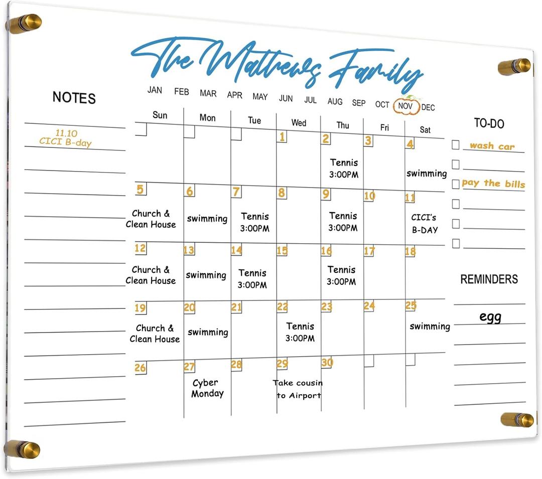 Clear Acrylic Calendar Dry Erase for Wall, Family Planner, Monthly Calendar Dry Erase Whiteboard for Home, Office, 24" x 16" Reusable White BoardYL-4060