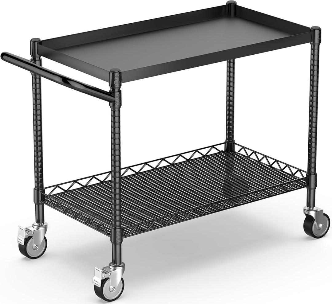 Leteuke 2 Tier Utility Cart with Wheels, NSF Certified 900LBS Capacity Heavy Duty Rolling Utility Carts with Handle Bar, Commercial Grade Metal Serving Storage Cart for Warehouse Garage Kitchen, Black (2-black)