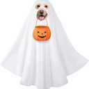 Halloween Dog Ghost Costume Set for Large Dogs, White Ghost with Felt Pumpkin Candy Bucket, Dog Costumes for Large Breed with Trick or Treat Bags