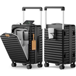 Joyway 20 Inch Carry on Luggage with Front Pocket, PC Hardshell Carry-on Suitcase with USB Port and Cup Holder, 21.5x14.2x9 Airline Approved, Luggage with Spinner Wheels and TSA Lock (Black)