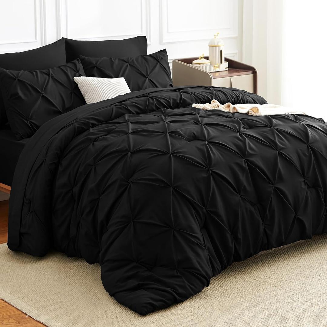 HIMEET Queen Comforter Set 7 Pieces Bed in A Bag Black Luxury Soft Queen Size Bed Set Pintuck Pinch Pleat Bedding Sets with Comforter, Flat Sheet, Fitted Sheet and Pillowcases & Shams