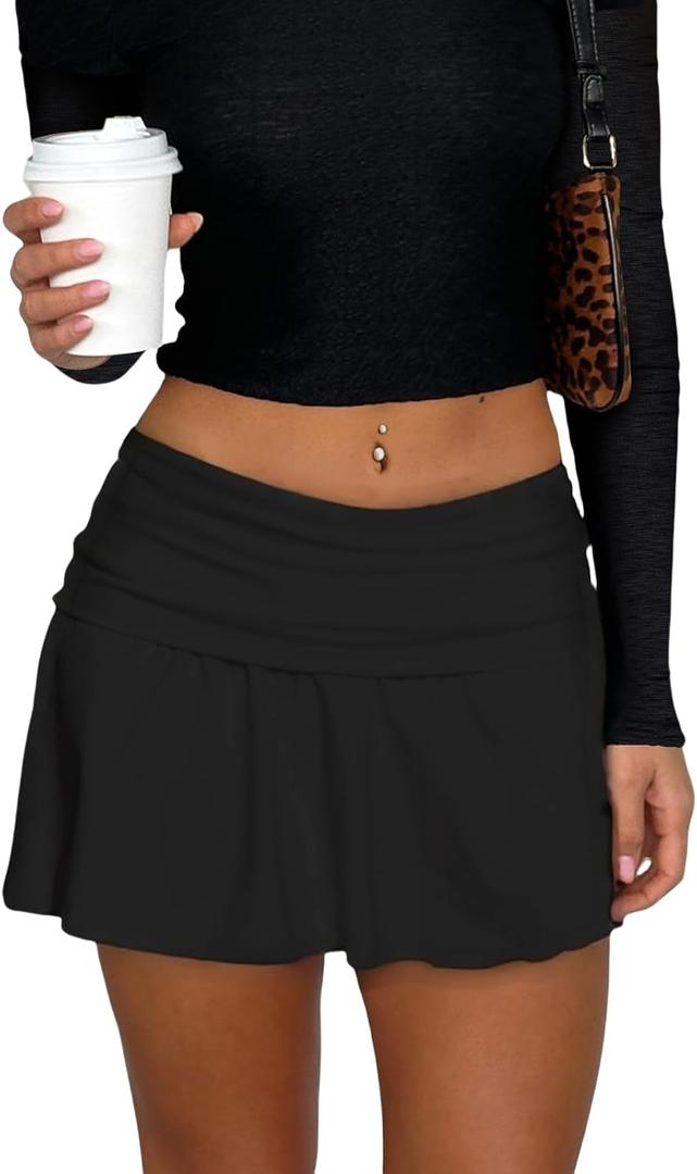 Hafailia Women's Foldover Skort Low Rise Y2k Pleated Mini Skirt Black XS (Black, XS)