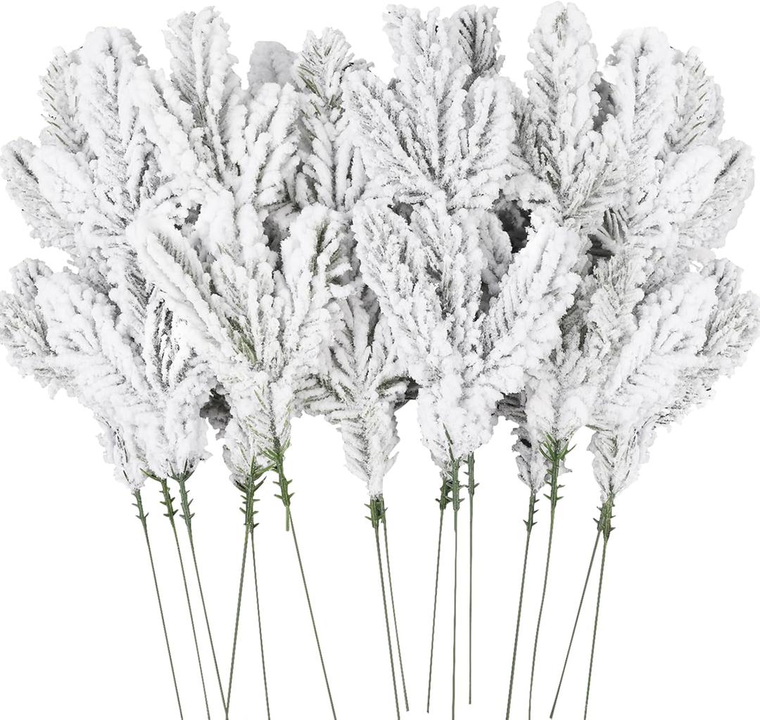 DIYDEC 15pcs Snowy Pine Branches 11.8" Christmas Artificial Pine Picks Branches Snowy Pine Needles Frosted Faux Pine Picks Greenery Stems for Christmas Tree Garland Wreath Vase DIY Crafts Home Winter