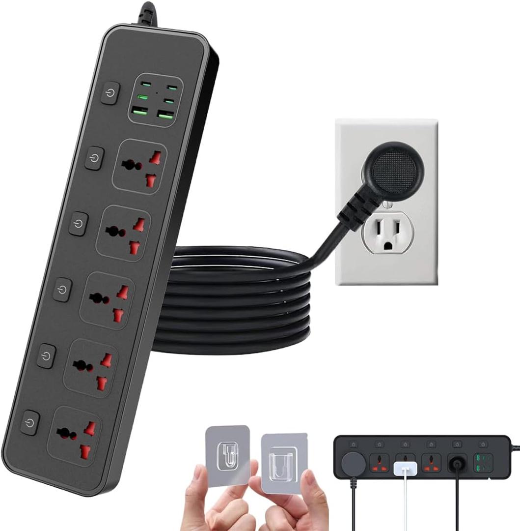 Flat Plug Power Strip with Individual Swtich, Jumpso 6ft Universal Extension Cord with 5 Outlets and 2 USB 4 USB C Ports, Max 3000w, 110-240v, Multiple Outlets Plug Adapter for Office Travel