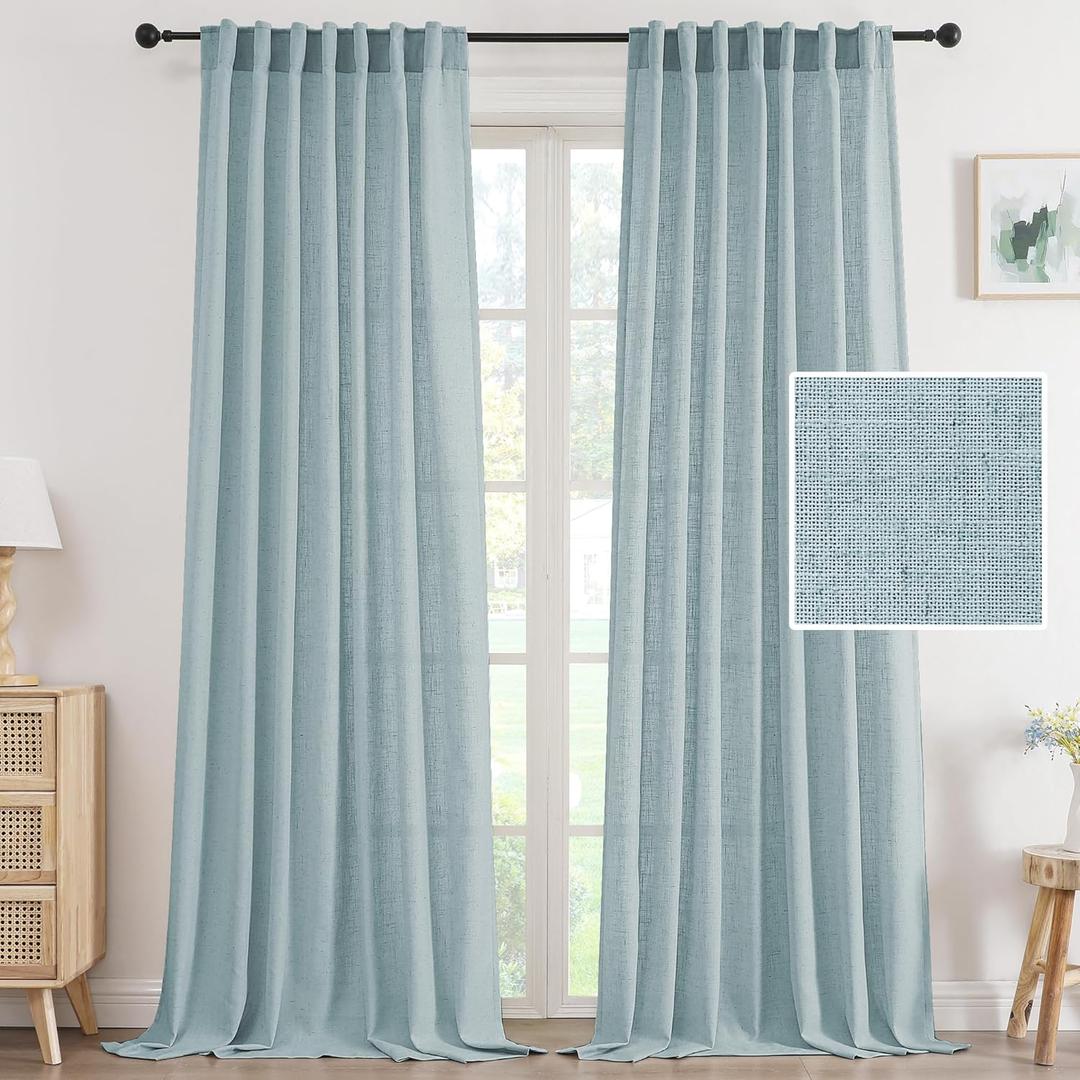H.VERSAILTEX Linen Curtains 96 Inch Length 2 Panels Set, Thick Window Drapes Semi Sheer Light Filtering Rod Pocket Back Tab, Pinch Pleated Treatments Neutral Farmhouse Living Room, 52x96-Cloud Blue