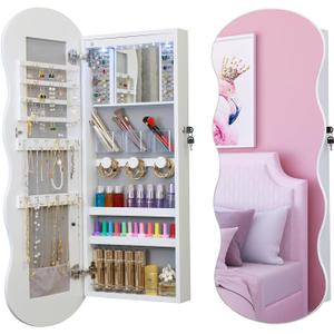whitebeach Jewelry Armoire Cabinet, LED Jewelry Organizer, Wall or Door Mounted, Full-Length Lockable, Wavy Mirror, Make-up Mirror With Magnetic Lock