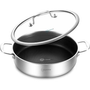 LOLYKITCH 6 QT Tri-Ply Stainless Steel Non-Stick Saut Pan with Lid,12 Inch Deep Frying Pan,Large Skillet,Jumbo Cooker,Induction Cooking Pan,Heavy Duty and Oven Safe