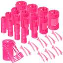WILLBOND 65 Pieces Rollers Plastic Rollers Hair Curlers Set 4 Sizes for Long Medium Short Hair, Duck Clips Hairnet Hairdressing Styling Tool(Pink)