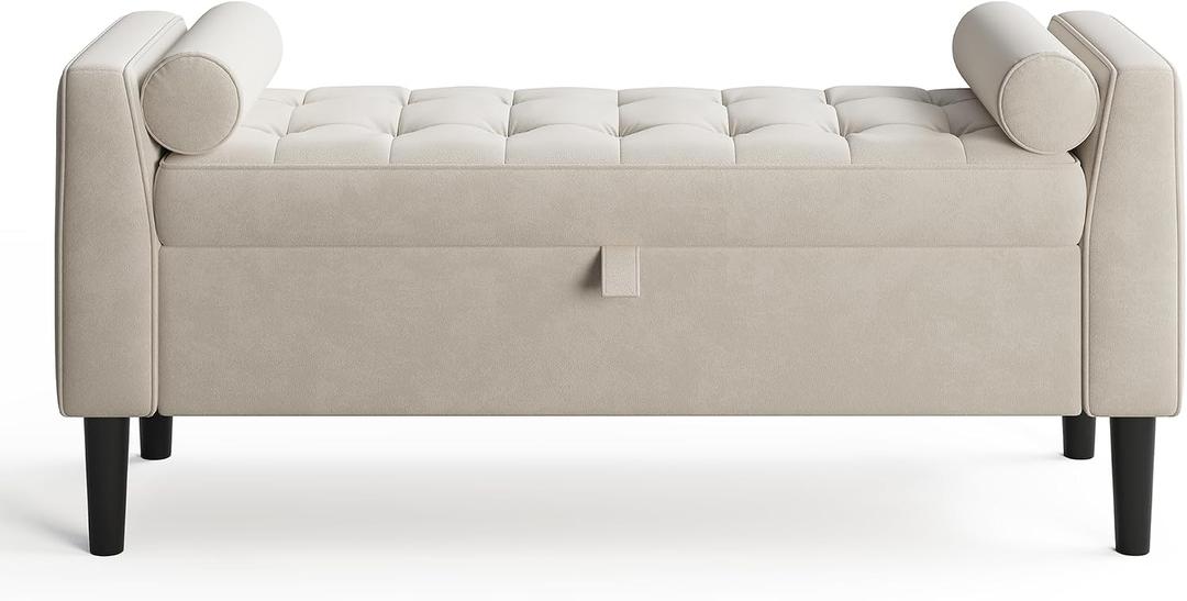 Garvee 46.5 in Storage Ottoman Bench – Upholstered End-of-Bed Storage Chest with Rolled Armrests & Wood Legs, Entryway Shoe Bench and Footrest Seat for Hallway, Bedroom & Living Room （Beige）, 46.5"d X 16.9"w X 21.3"h