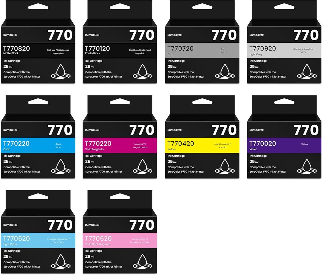 T770 770 Ink Cartridges P700 Ink Cartridge 10-Colors Remanufactured T770020 T770120 T770220 T770320 T770420 T770520 T770620 T770720 T770820 T770920 Replacement for SureColor P700 SC-P700 Printer Ink