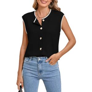 Pink Queen Women's Sweater Vest 2025 Sleeveless Tank Tops Casual Crewneck Button Down Fashion Knitted Vest Cardigans (Black, S)