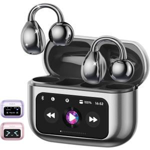 PAXA M100 Clip On Ear Headphones, Open Ear Earbuds Wireless Bluetooth 5.4, Clip On Earbuds with LCD Touchscreen, Lightweight Comfort Open Ear Headphones for Sports, Fitness, and Workouts, Black